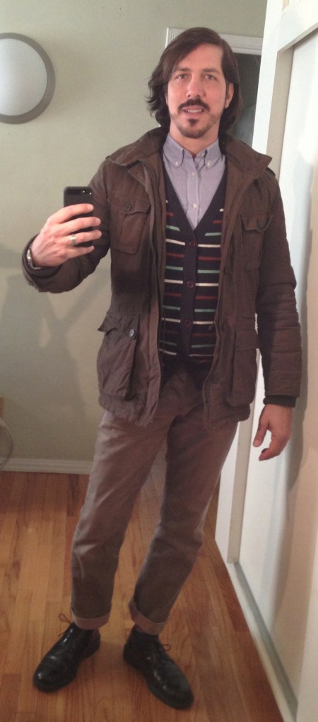 Beige pants, Green jacket