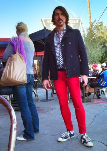 Red Pants in Line for Coffee